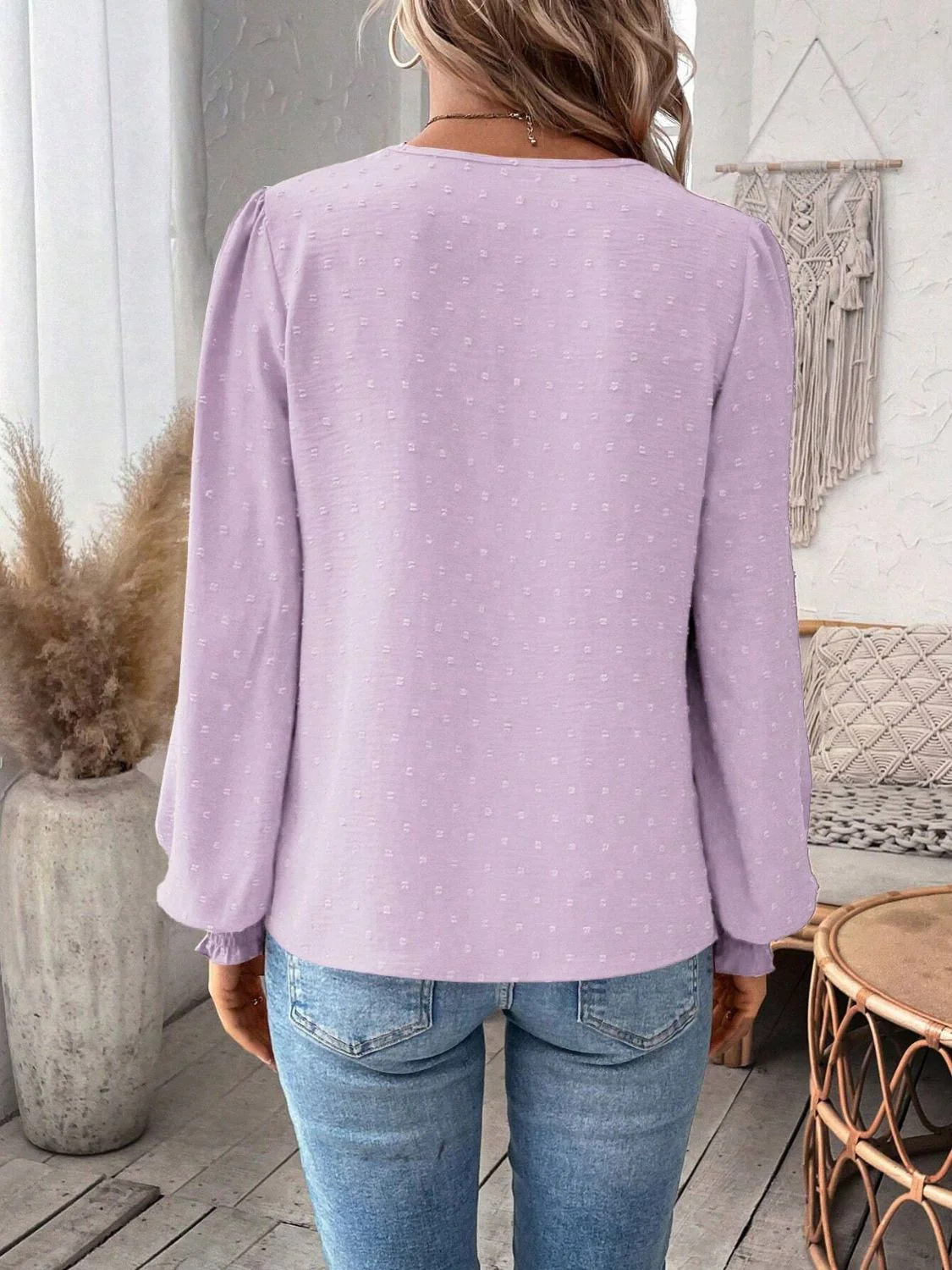 Swiss Dot Lace Detail Notched Long Sleeve Blouse - Image 19