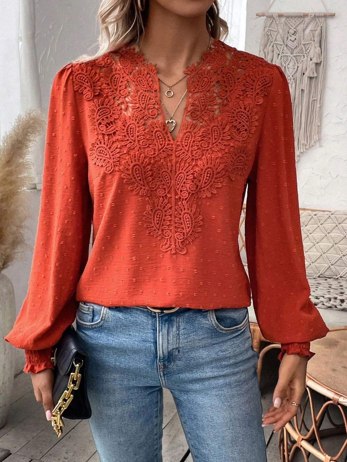 Swiss Dot Lace Detail Notched Long Sleeve Blouse - Image 2