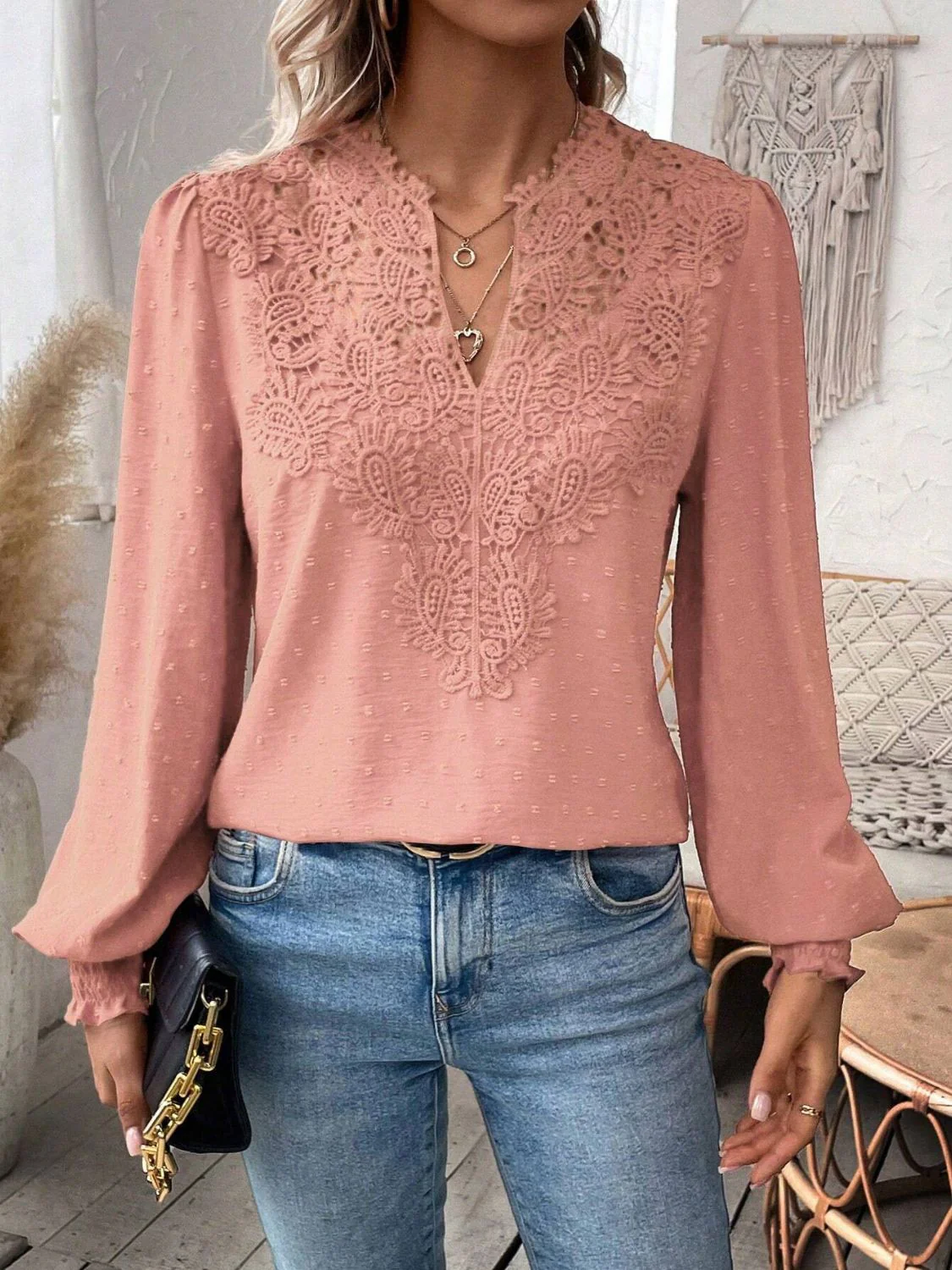 Swiss Dot Lace Detail Notched Long Sleeve Blouse - Image 20