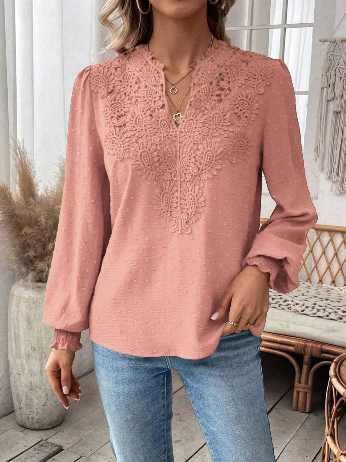 Swiss Dot Lace Detail Notched Long Sleeve Blouse - Image 21