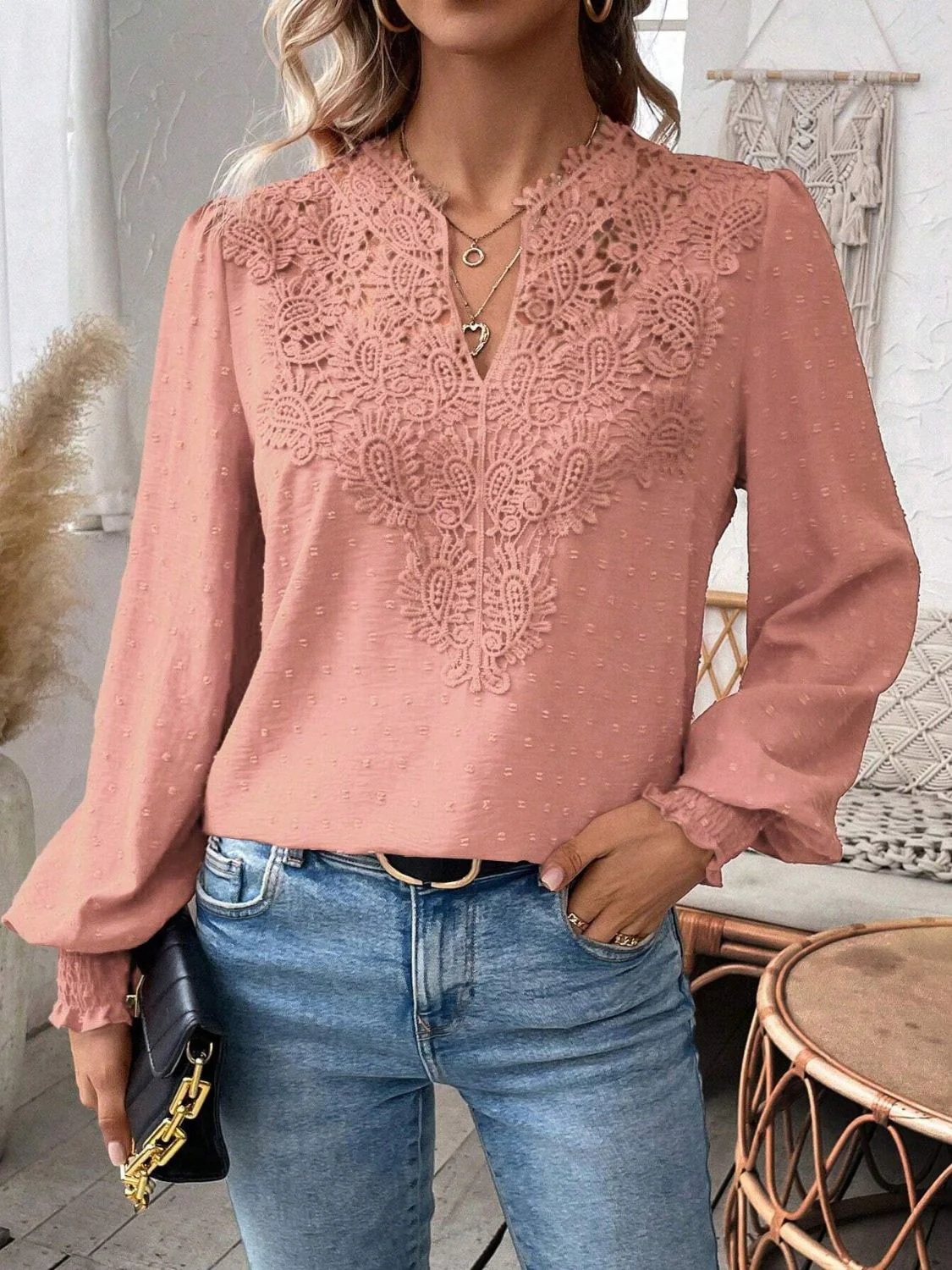 Swiss Dot Lace Detail Notched Long Sleeve Blouse - Image 22