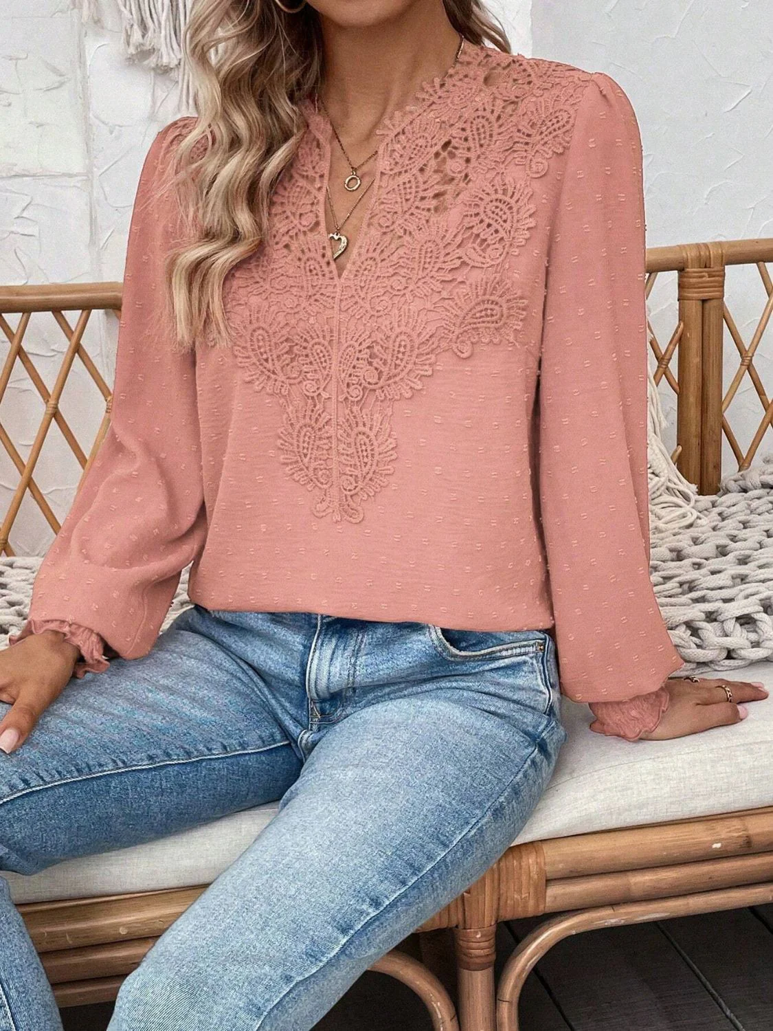 Swiss Dot Lace Detail Notched Long Sleeve Blouse - Image 23