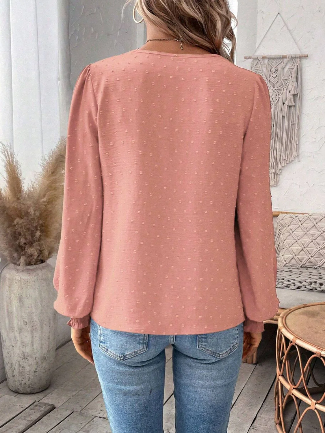 Swiss Dot Lace Detail Notched Long Sleeve Blouse - Image 24
