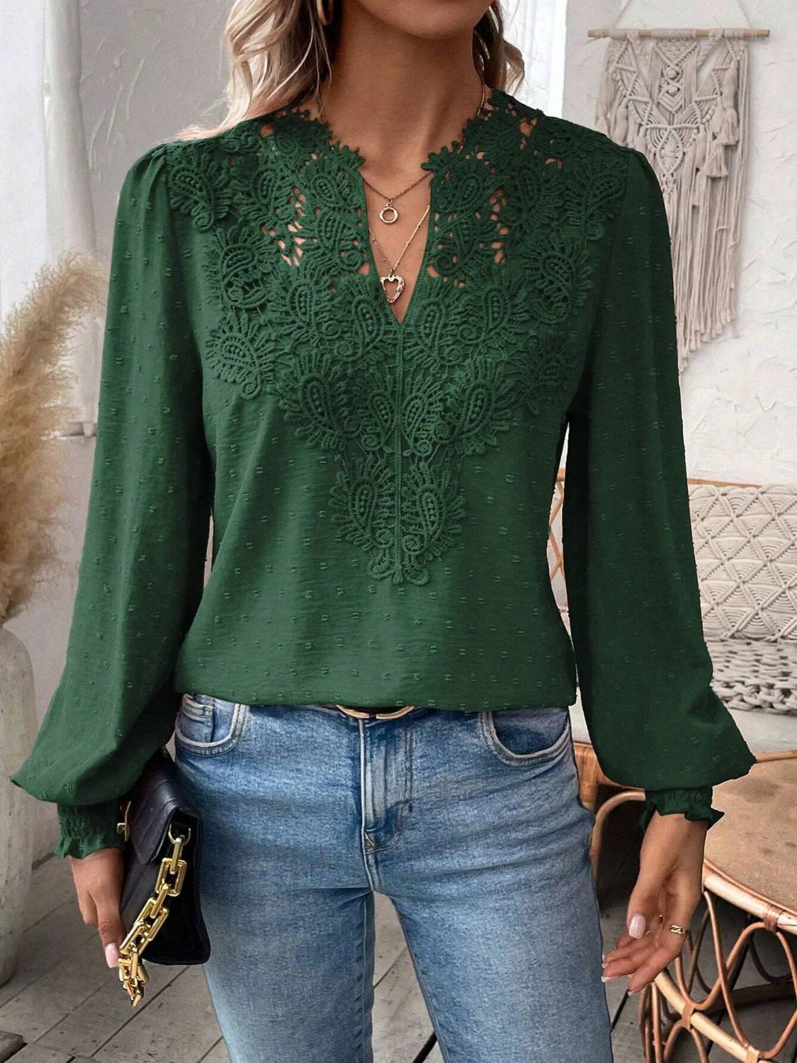 Swiss Dot Lace Detail Notched Long Sleeve Blouse - Image 25