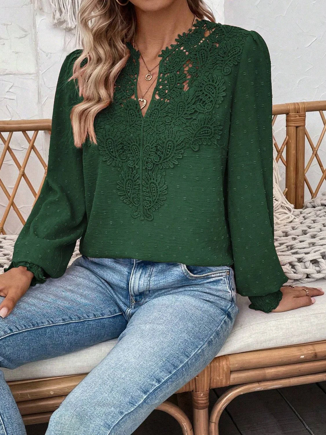 Swiss Dot Lace Detail Notched Long Sleeve Blouse - Image 26