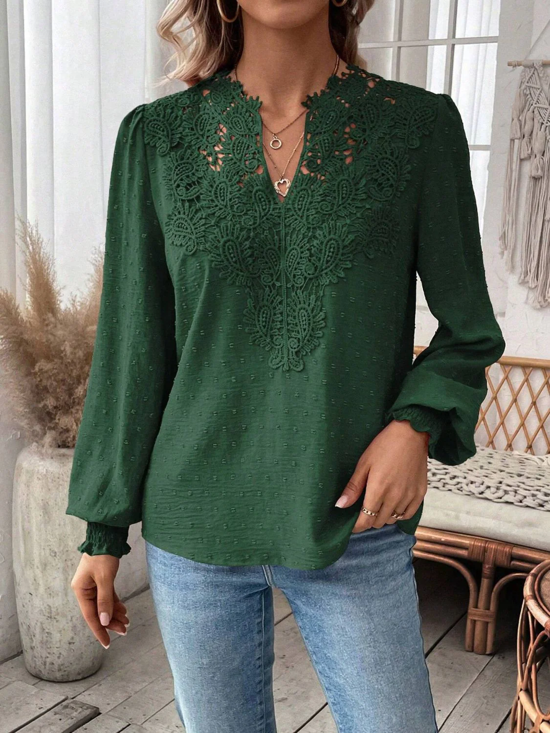 Swiss Dot Lace Detail Notched Long Sleeve Blouse - Image 27