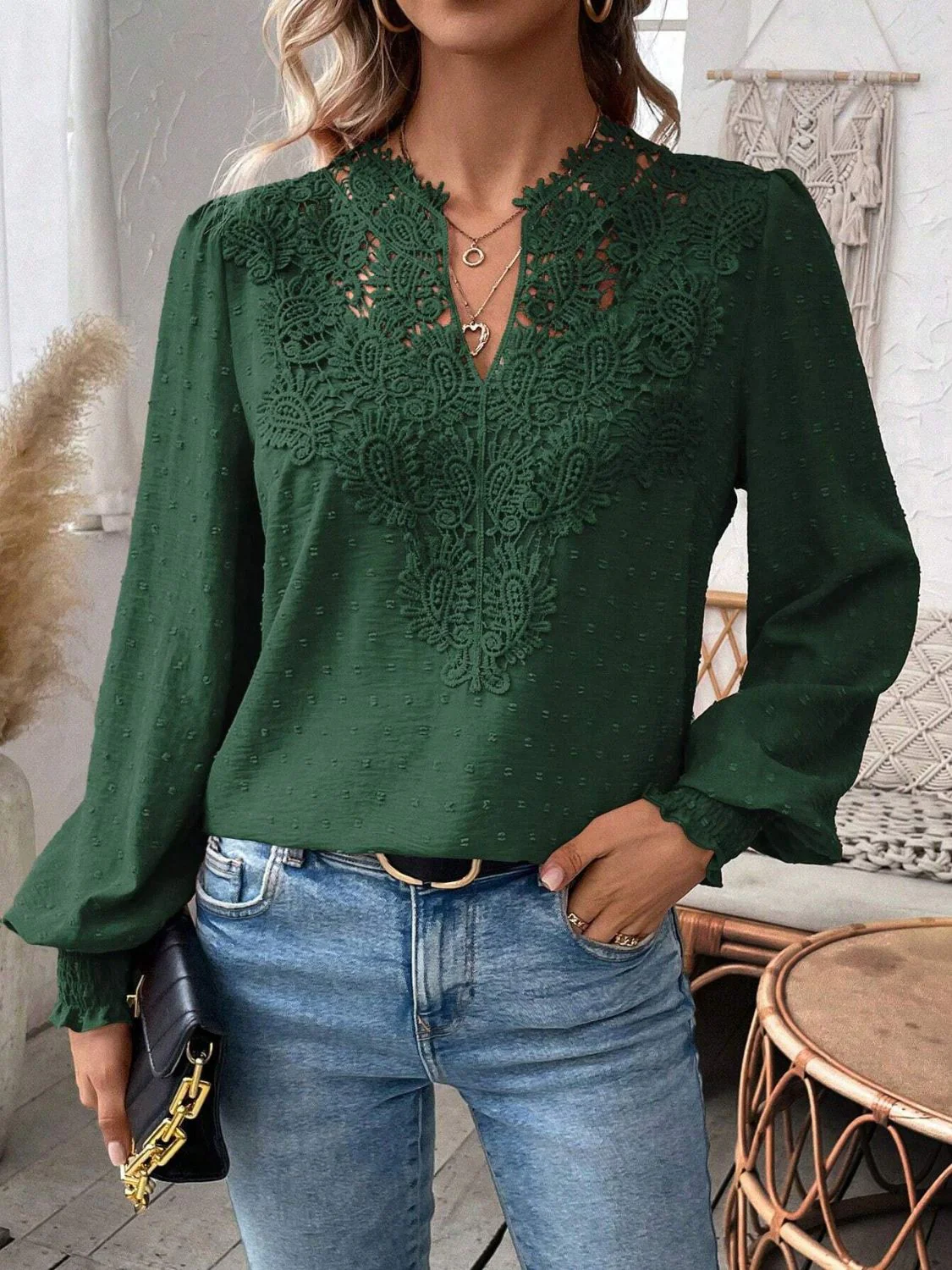 Swiss Dot Lace Detail Notched Long Sleeve Blouse - Image 28