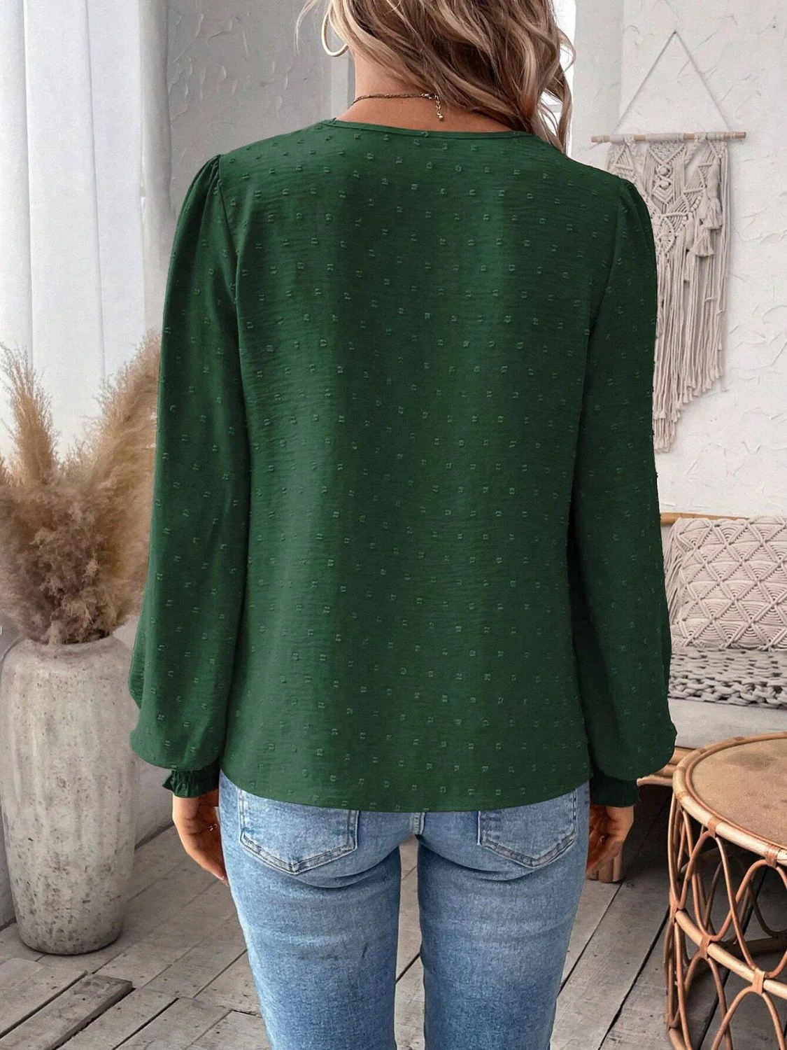 Swiss Dot Lace Detail Notched Long Sleeve Blouse - Image 29
