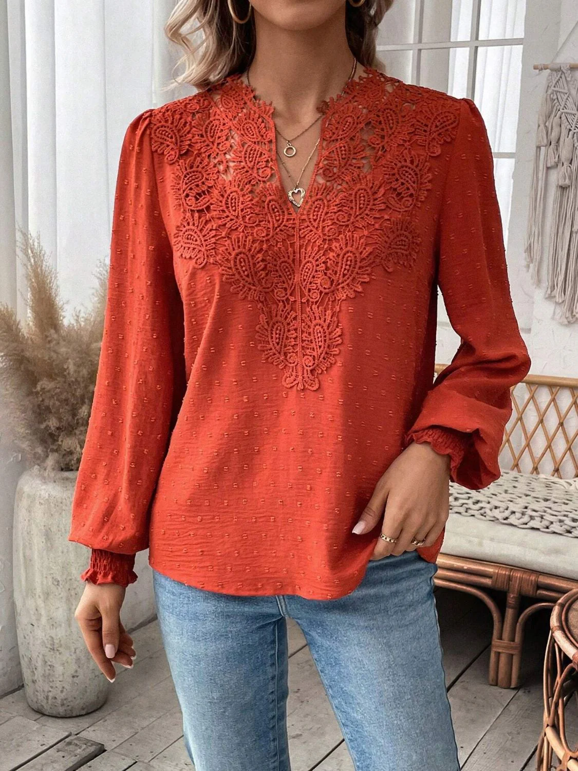 Swiss Dot Lace Detail Notched Long Sleeve Blouse - Image 3