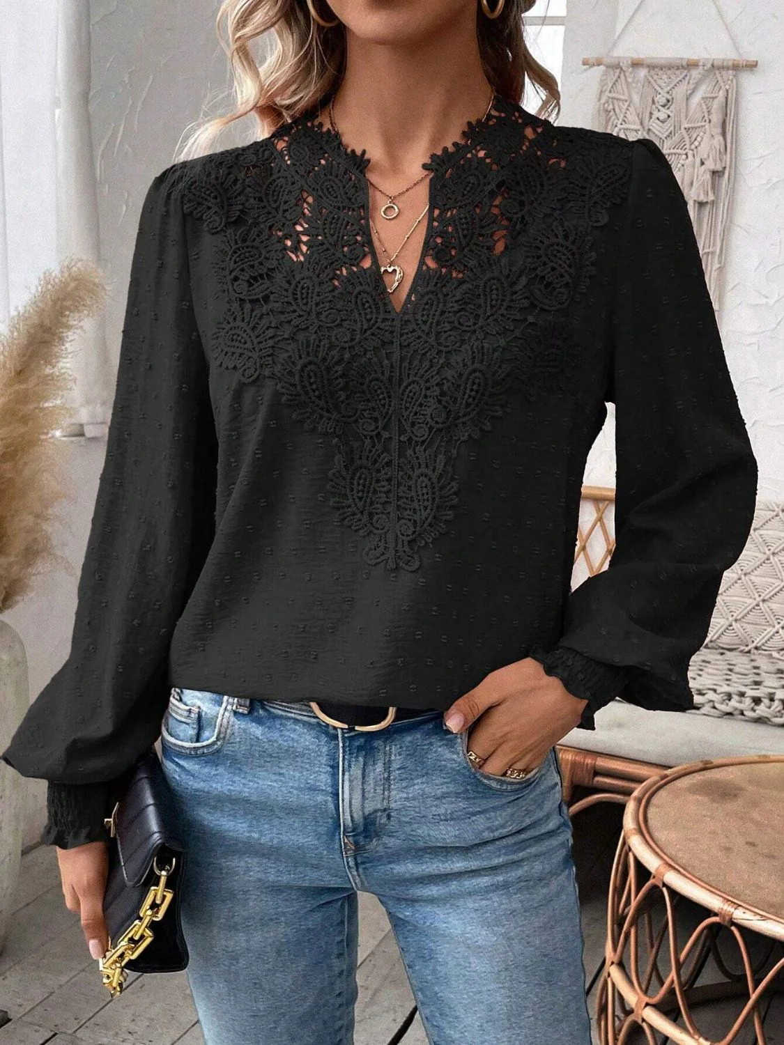 Swiss Dot Lace Detail Notched Long Sleeve Blouse - Image 30