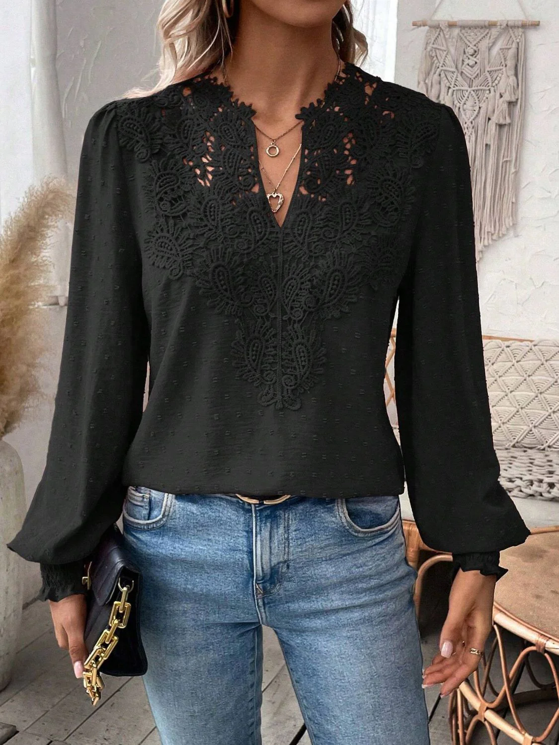 Swiss Dot Lace Detail Notched Long Sleeve Blouse - Image 31