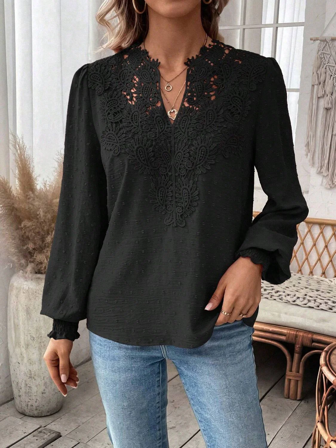 Swiss Dot Lace Detail Notched Long Sleeve Blouse - Image 32
