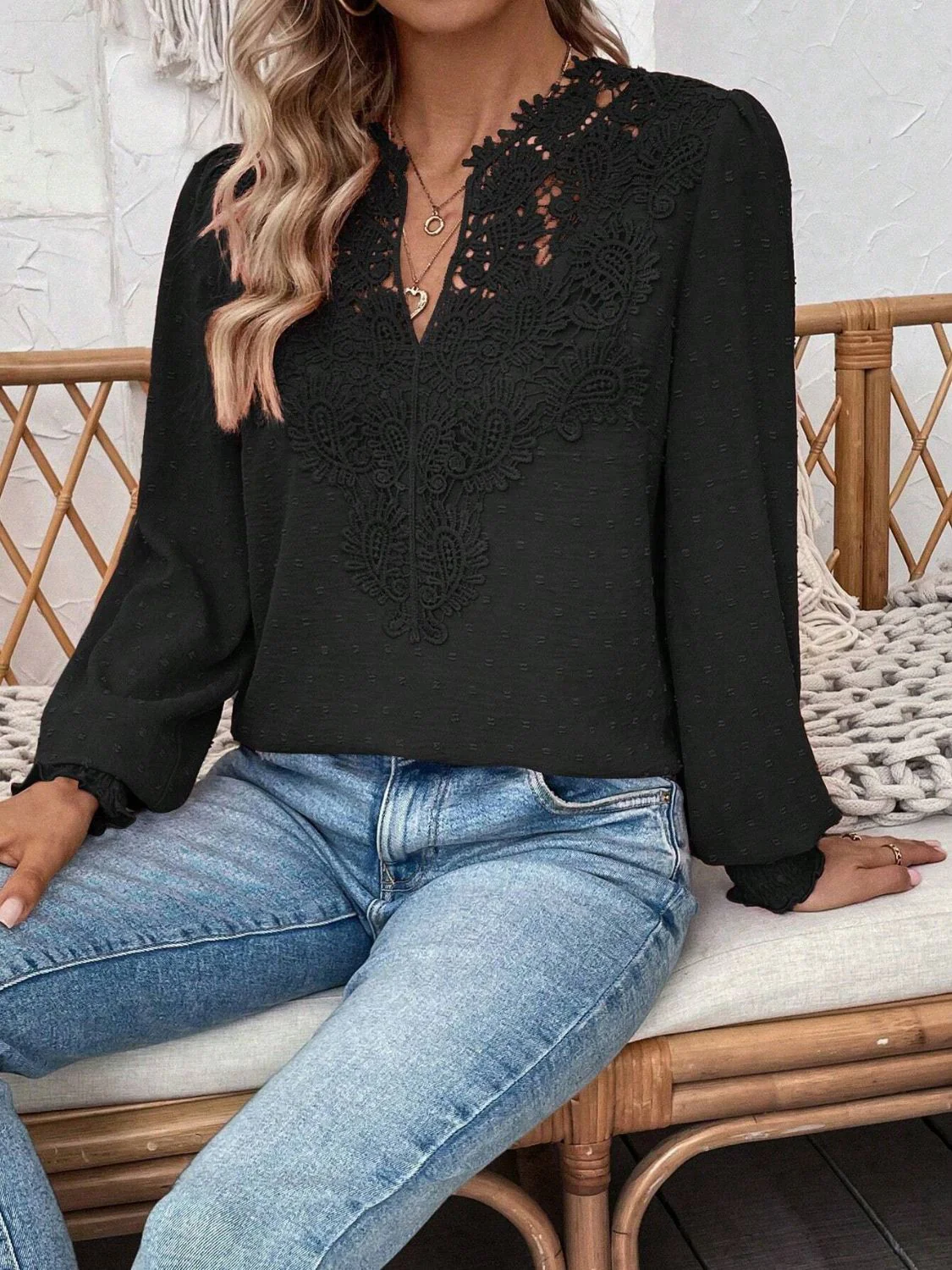 Swiss Dot Lace Detail Notched Long Sleeve Blouse - Image 33