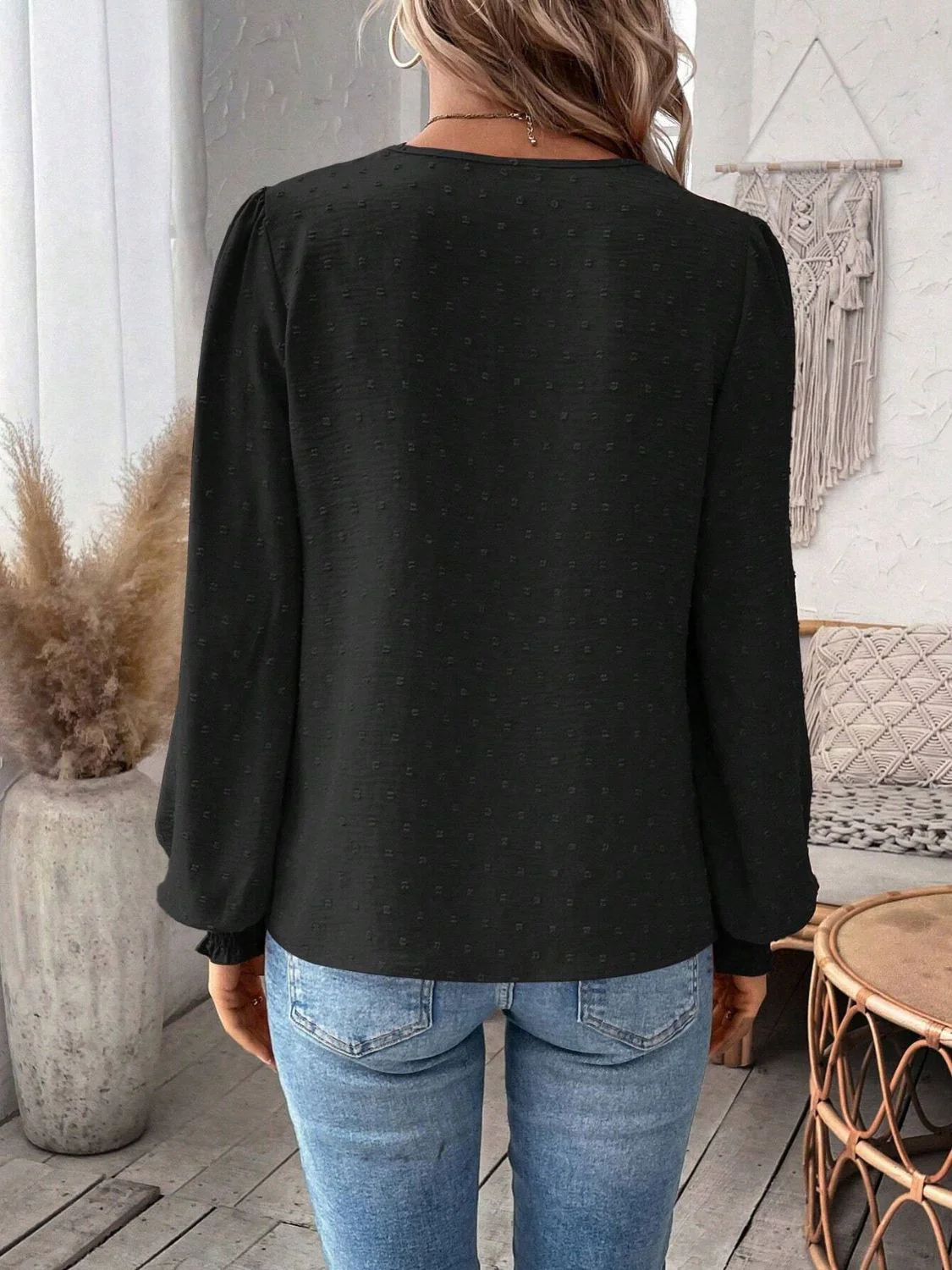 Swiss Dot Lace Detail Notched Long Sleeve Blouse - Image 34