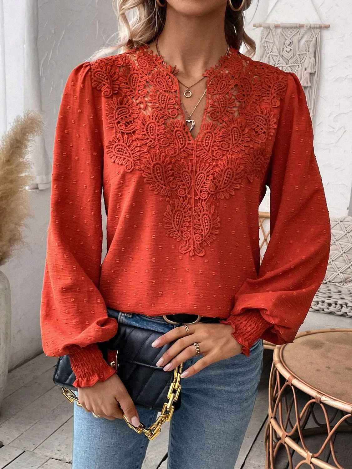 Swiss Dot Lace Detail Notched Long Sleeve Blouse - Image 4