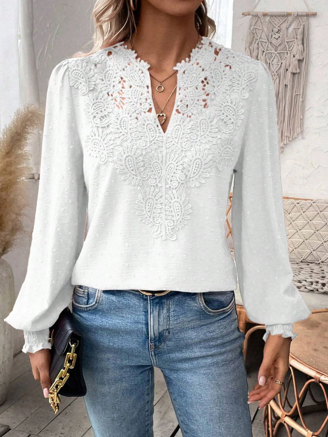 Swiss Dot Lace Detail Notched Long Sleeve Blouse - Image 5