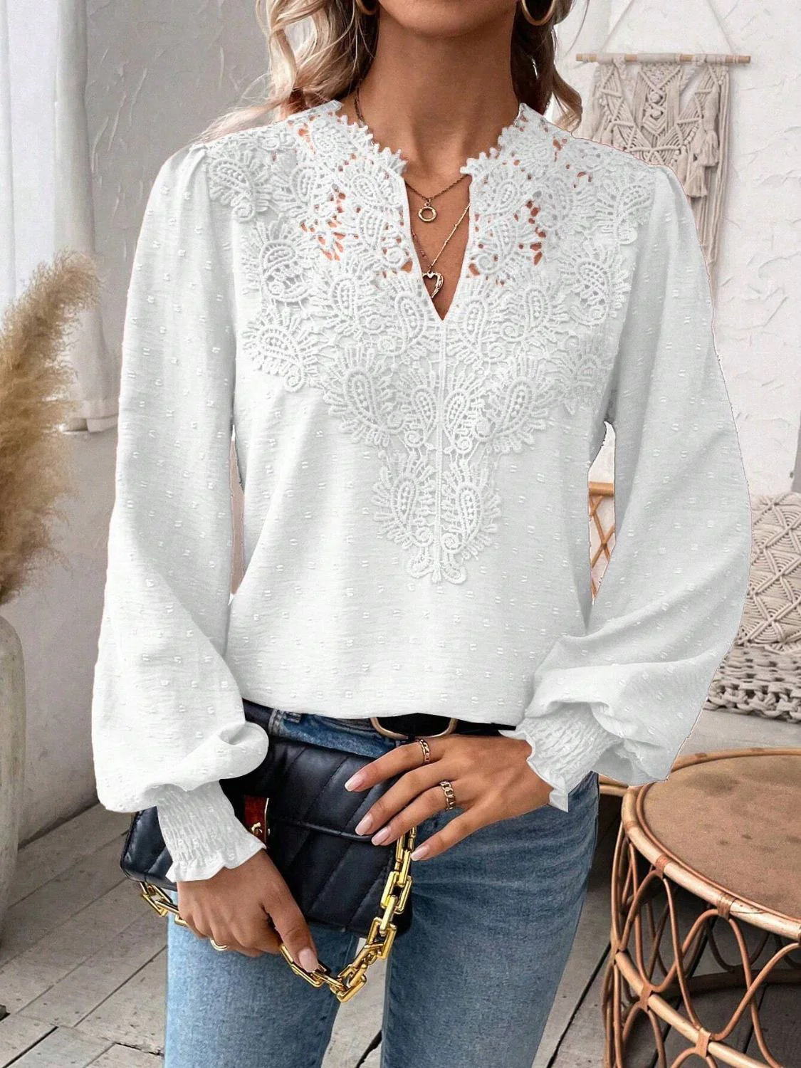 Swiss Dot Lace Detail Notched Long Sleeve Blouse - Image 6