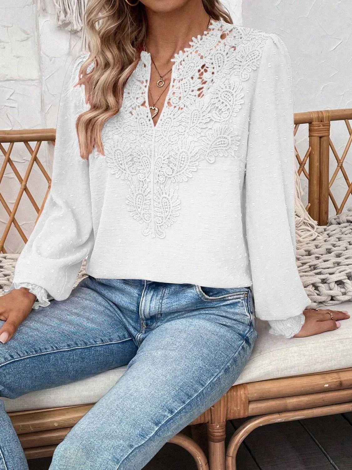 Swiss Dot Lace Detail Notched Long Sleeve Blouse - Image 7