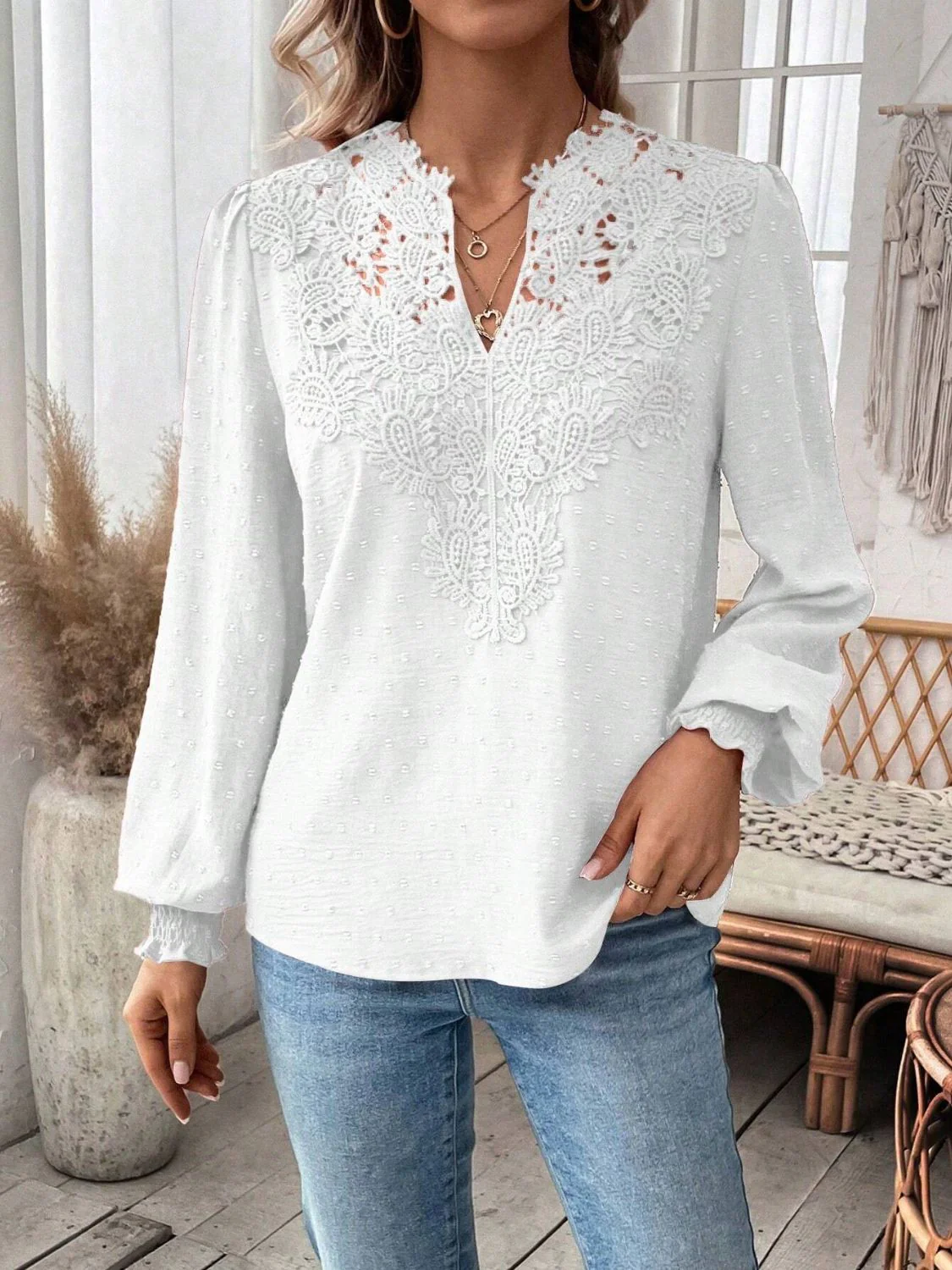 Swiss Dot Lace Detail Notched Long Sleeve Blouse - Image 8
