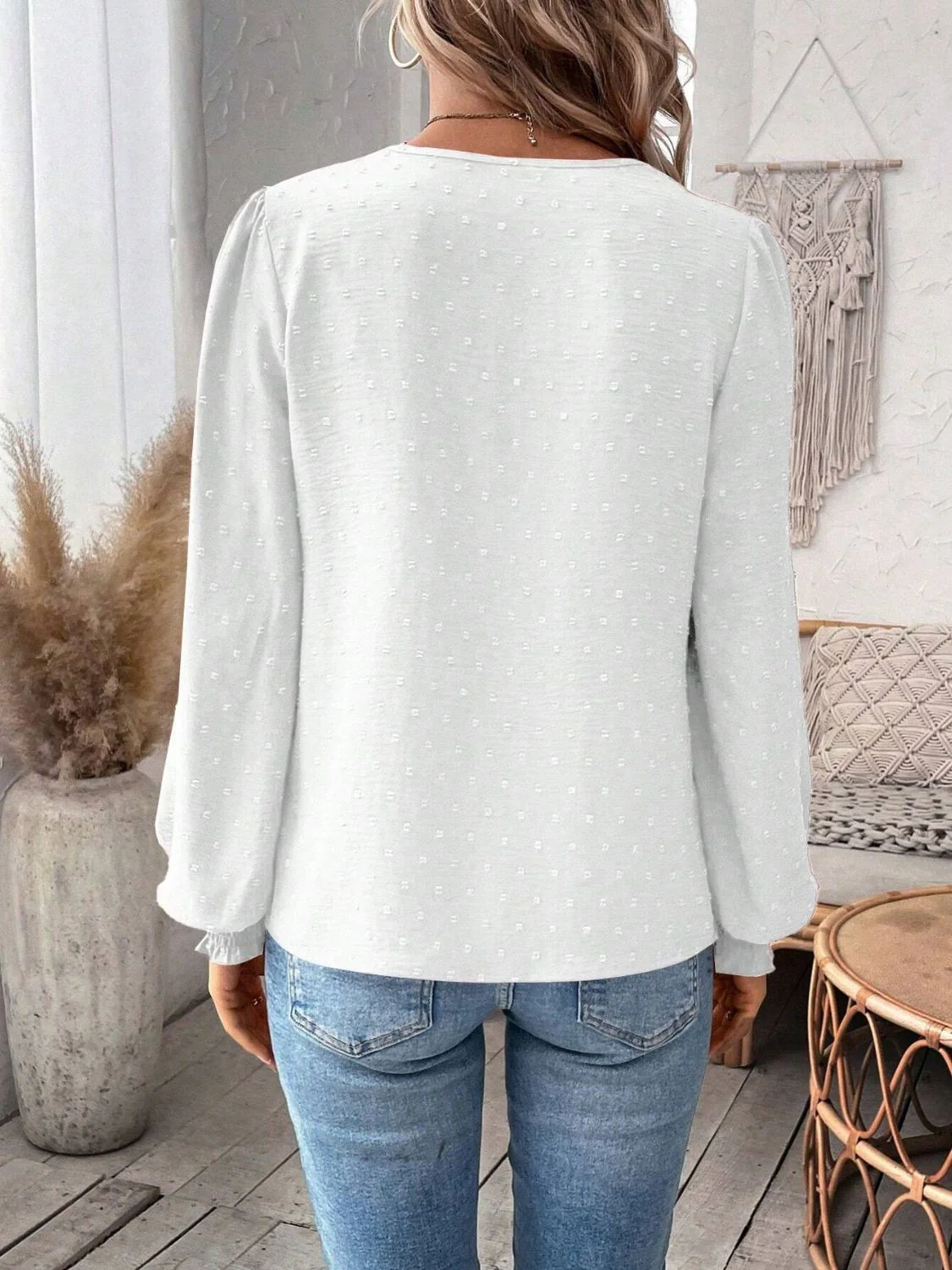 Swiss Dot Lace Detail Notched Long Sleeve Blouse - Image 9