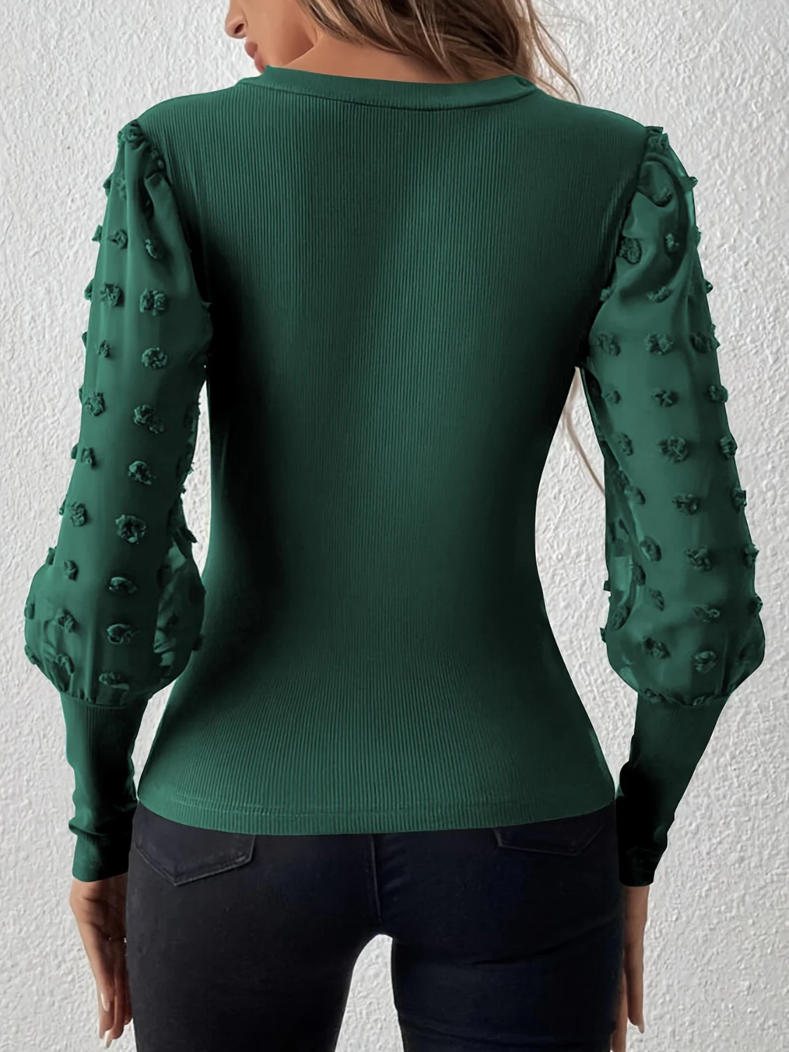 Swiss Dot V-Neck Long Sleeve Top - Image 2