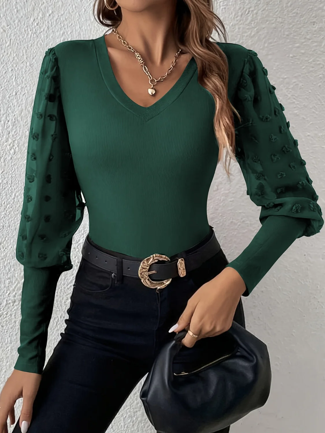 Swiss Dot V-Neck Long Sleeve Top - Image 4