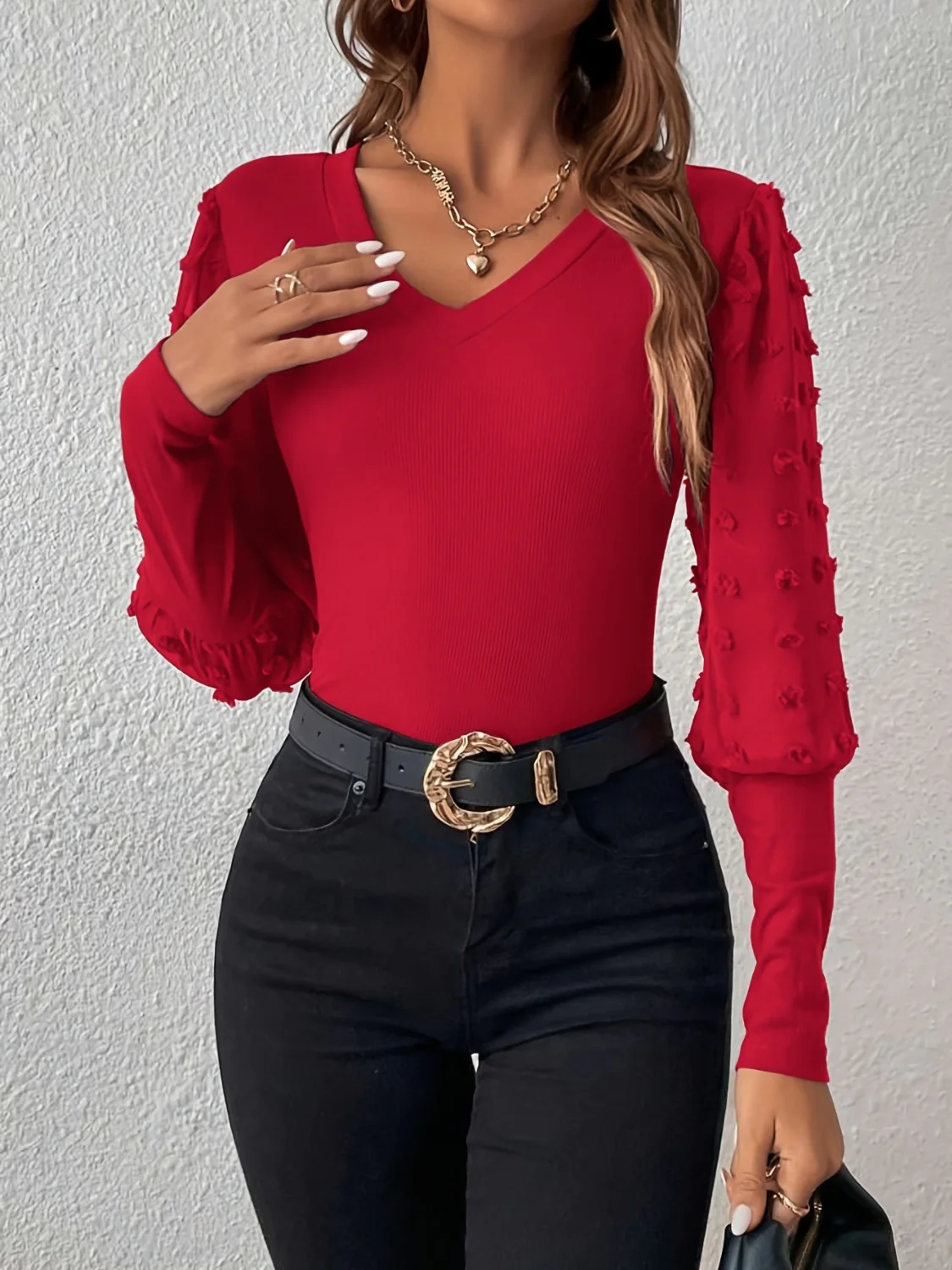 Swiss Dot V-Neck Long Sleeve Top - Image 6
