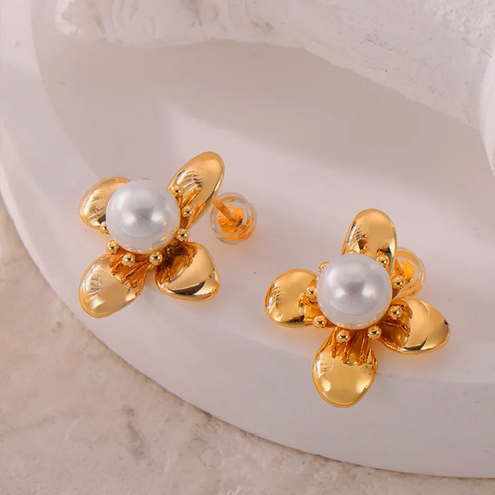 Synthetic Pearl Titanium Steel Flower Earrings - Image 4