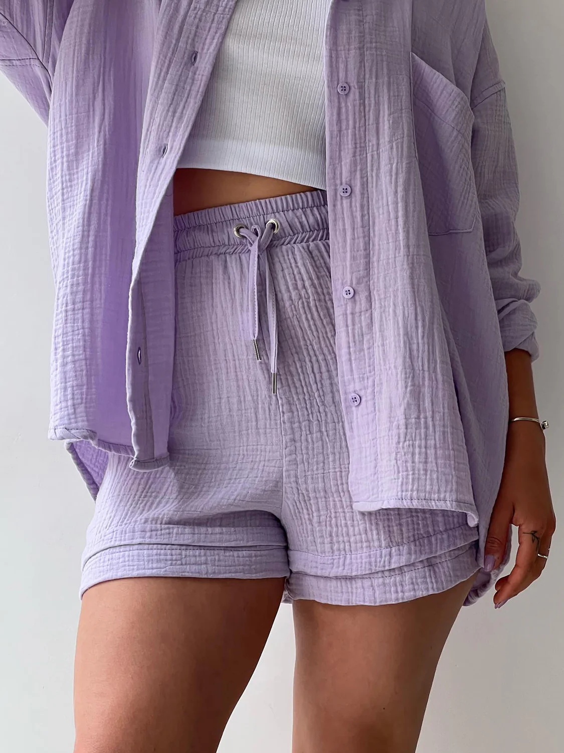 Texture Button Up Shirt and Drawstring Shorts Set - Image 29