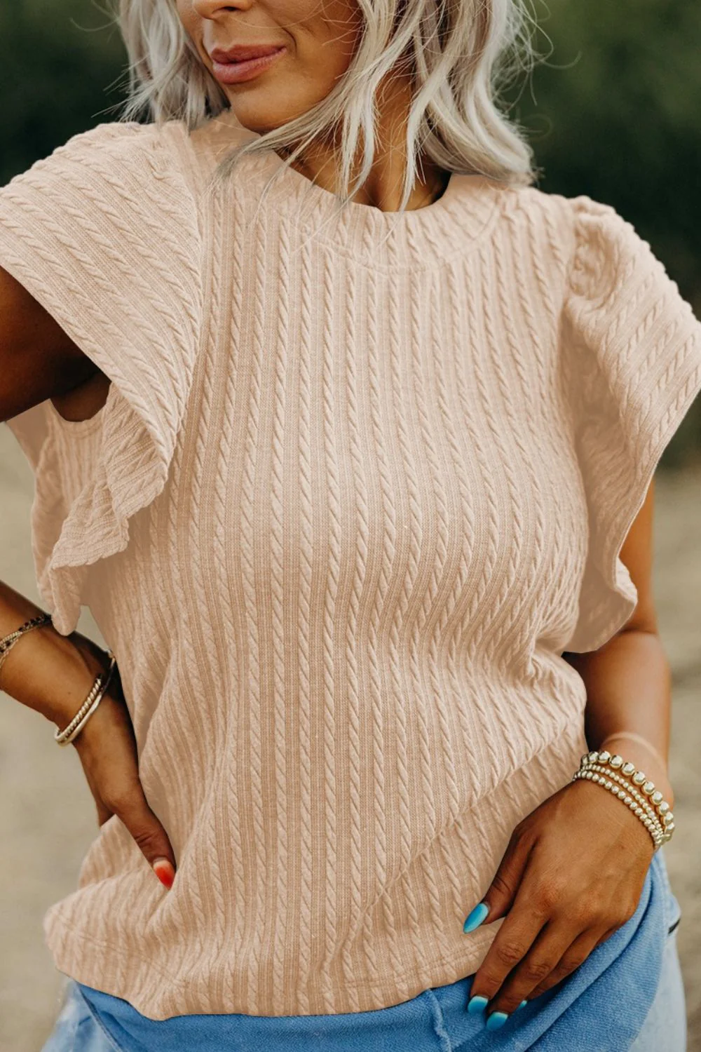 Texture Round Neck Cap Sleeve Top - Image 2