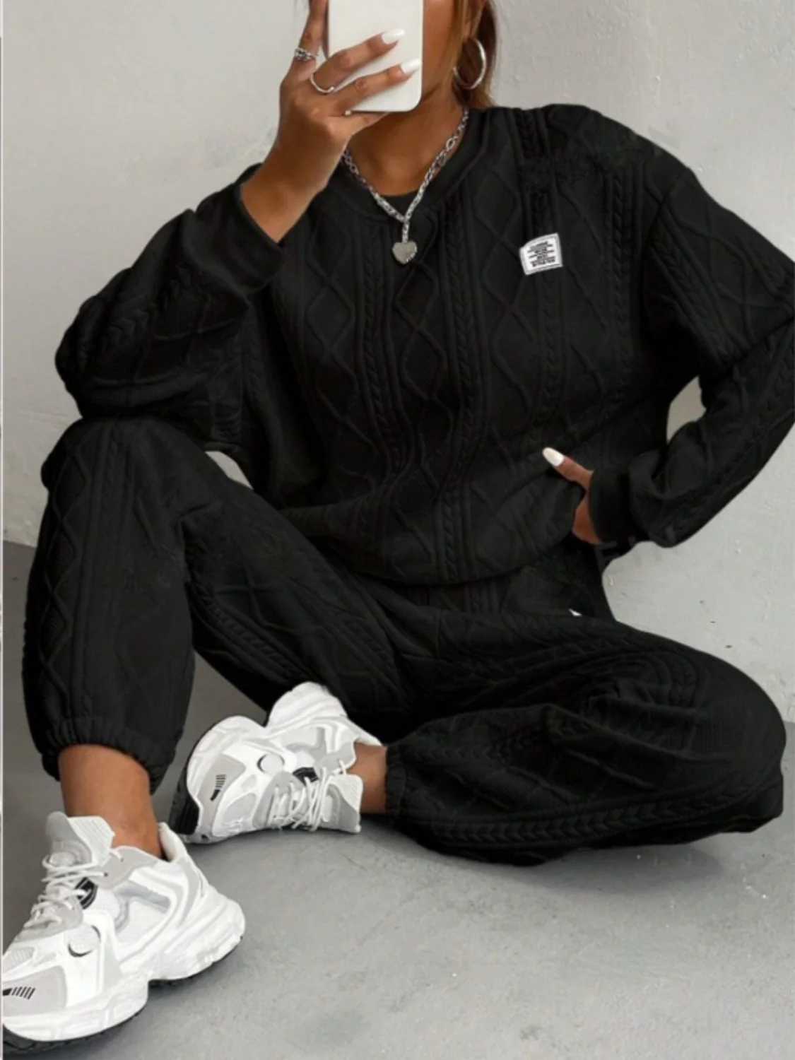 Texture Round Neck Long Sleeve Top and Pants Set - Image 8