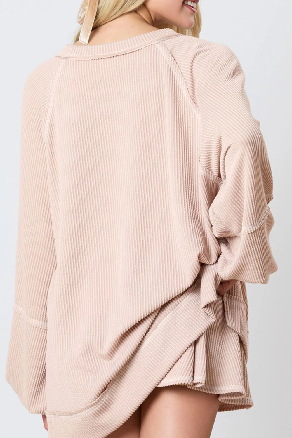 Texture Round Neck Long Sleeve Top and Skirt Set - Image 3
