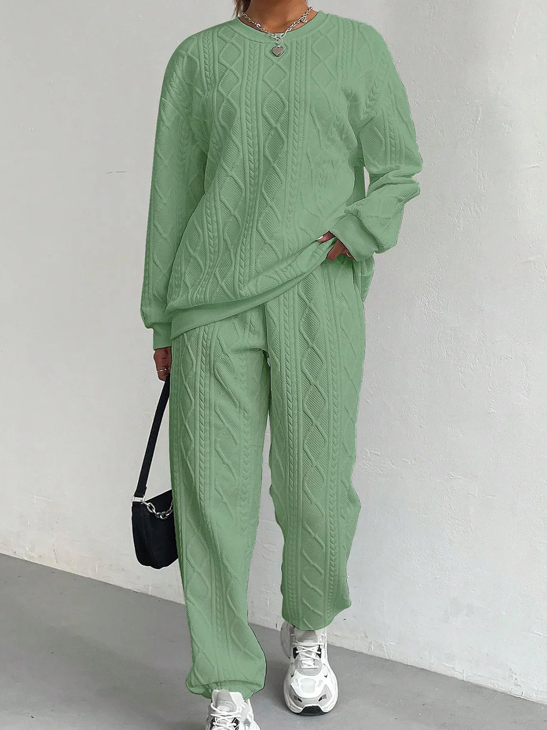 Texture Round Neck Top and Pants Set - Image 15