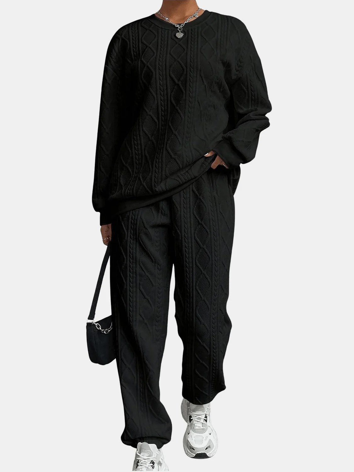 Texture Round Neck Top and Pants Set - Image 5