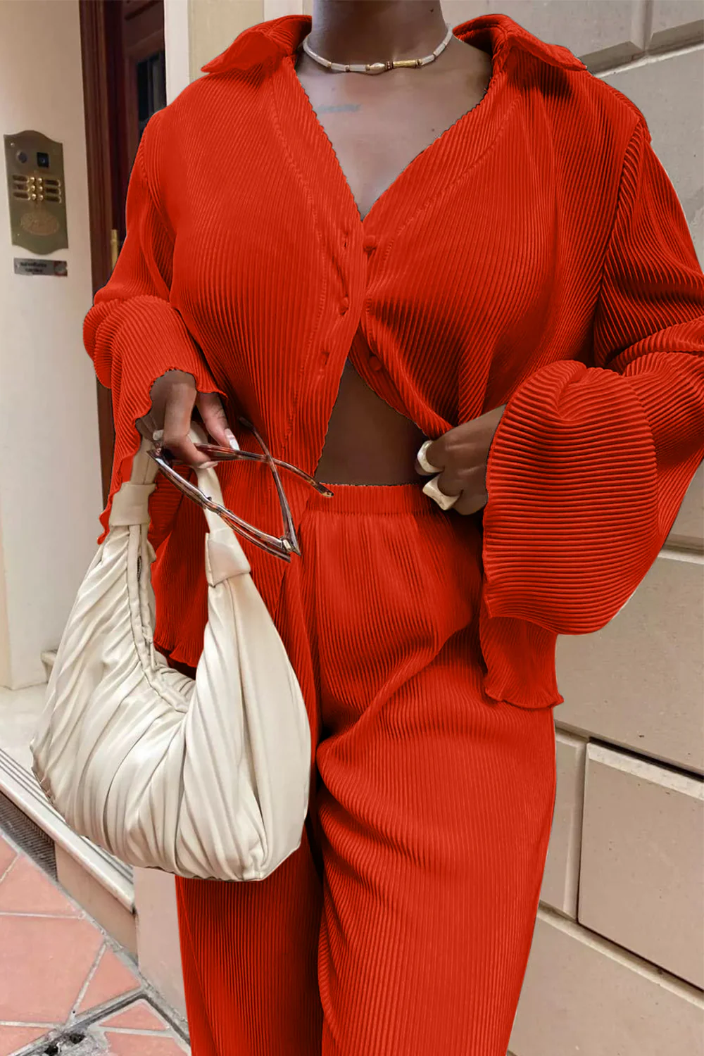 Textured Button Up Collared Neck Top and Pants Set - Image 12
