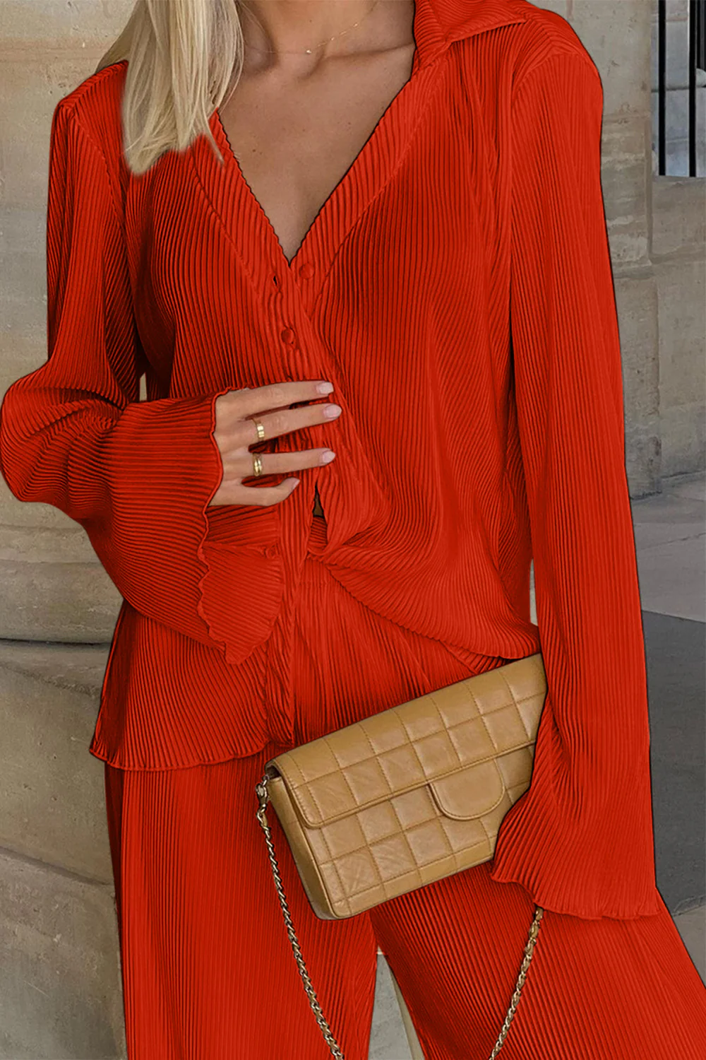 Textured Button Up Collared Neck Top and Pants Set - Image 13