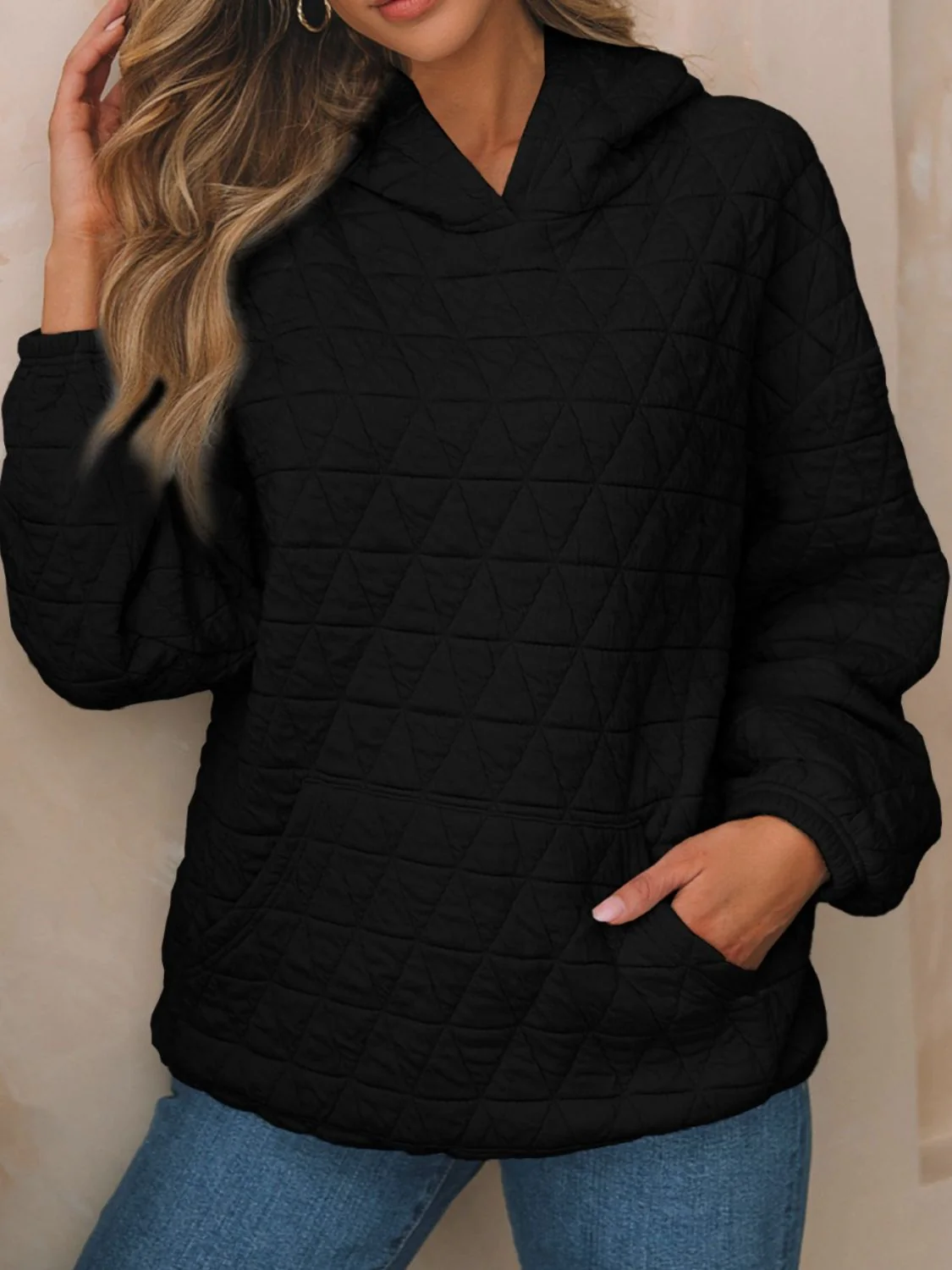 Textured Long Sleeve Hoodie with Pockets - Image 7