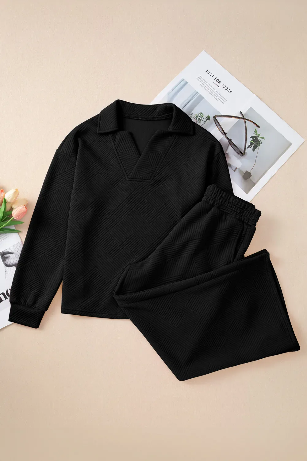 Textured Long Sleeve Top and Drawstring Pants Set - Image 10