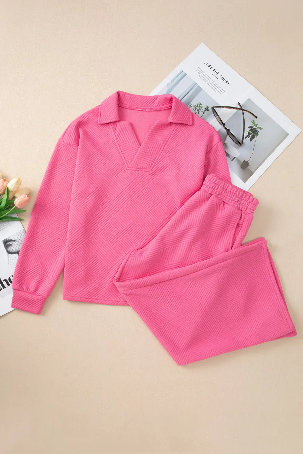 Textured Long Sleeve Top and Drawstring Pants Set - Image 7