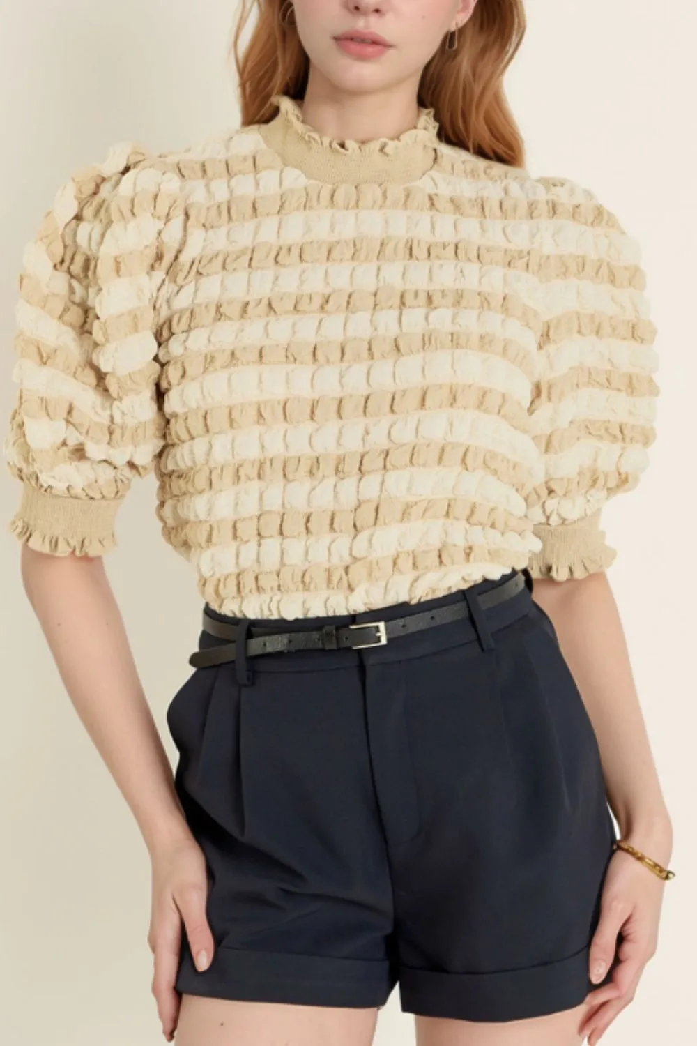 Textured Mock Neck Short Sleeve Blouse - Image 2