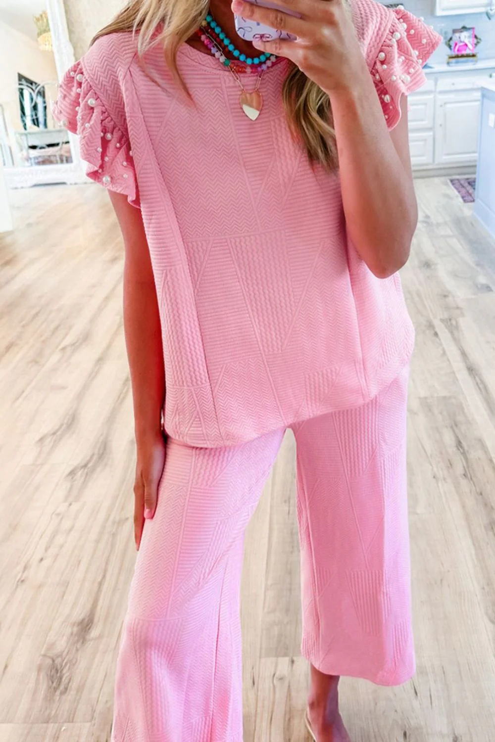 Textured Pearled Ruffled Sleeve Top and Wide Leg Pants Set - Image 3