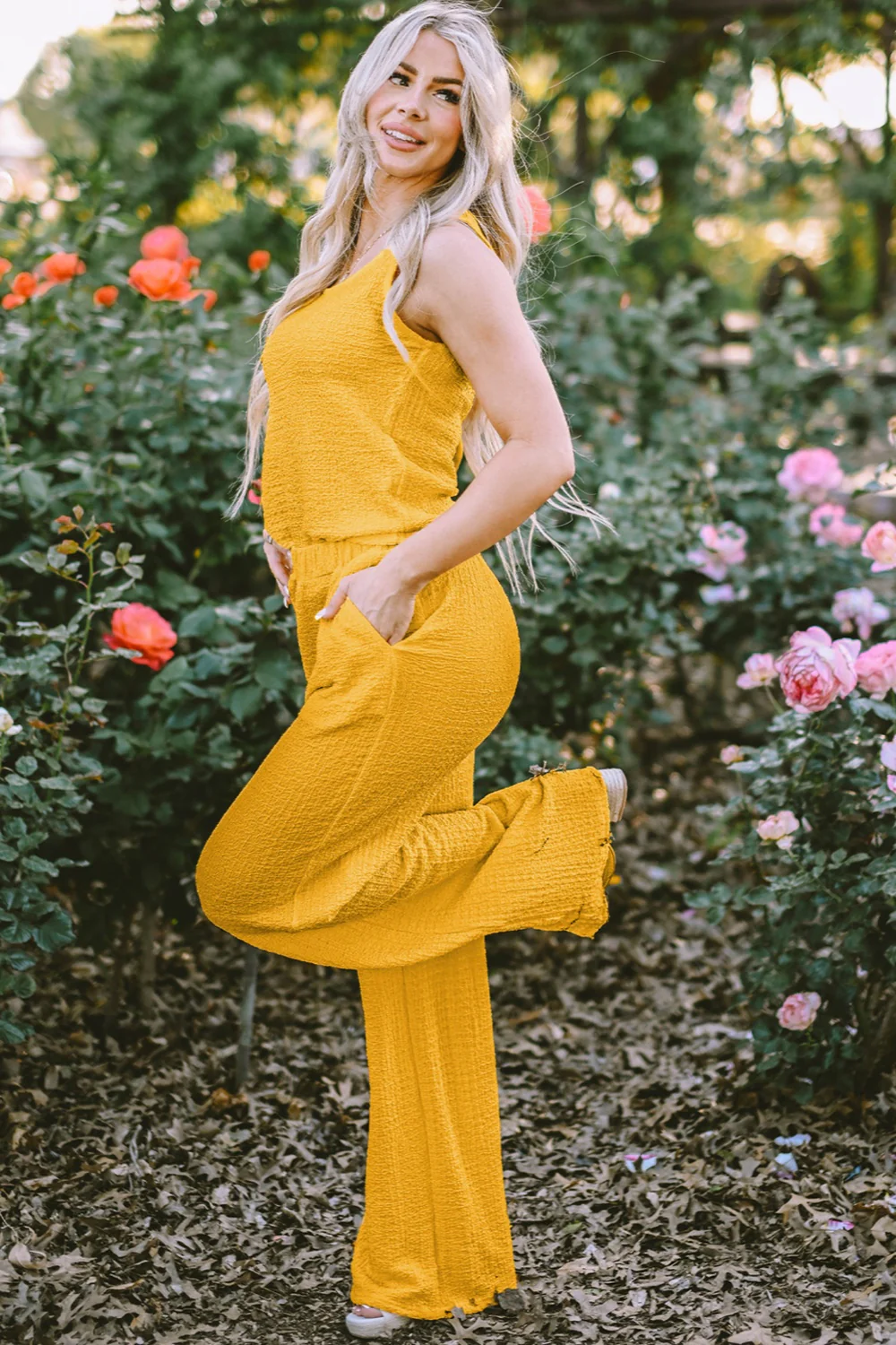 Textured Round Neck Top and Wide Leg Pants Set - Image 4