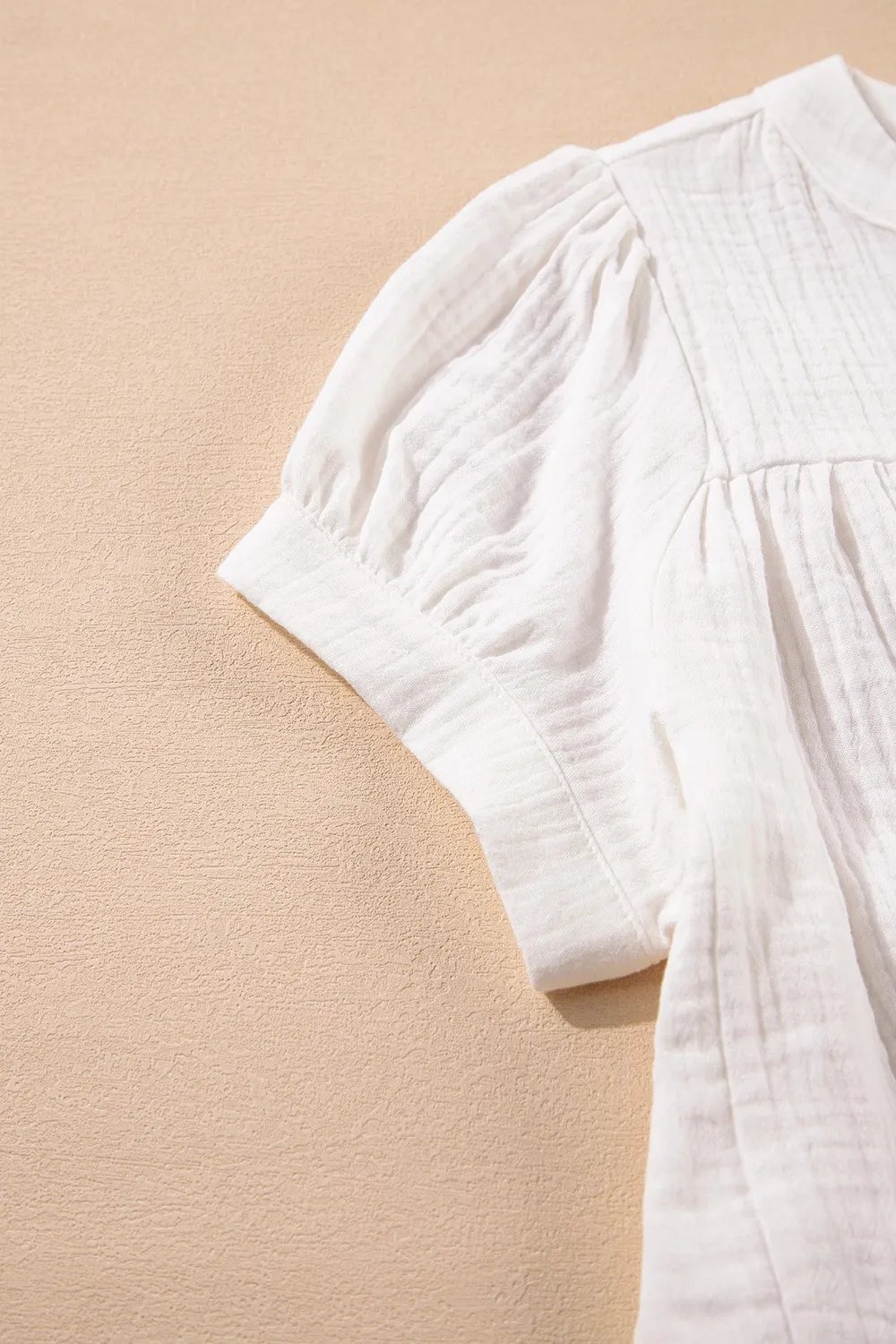 Textured Short Sleeve Buttons Frayed Blouse - Image 8