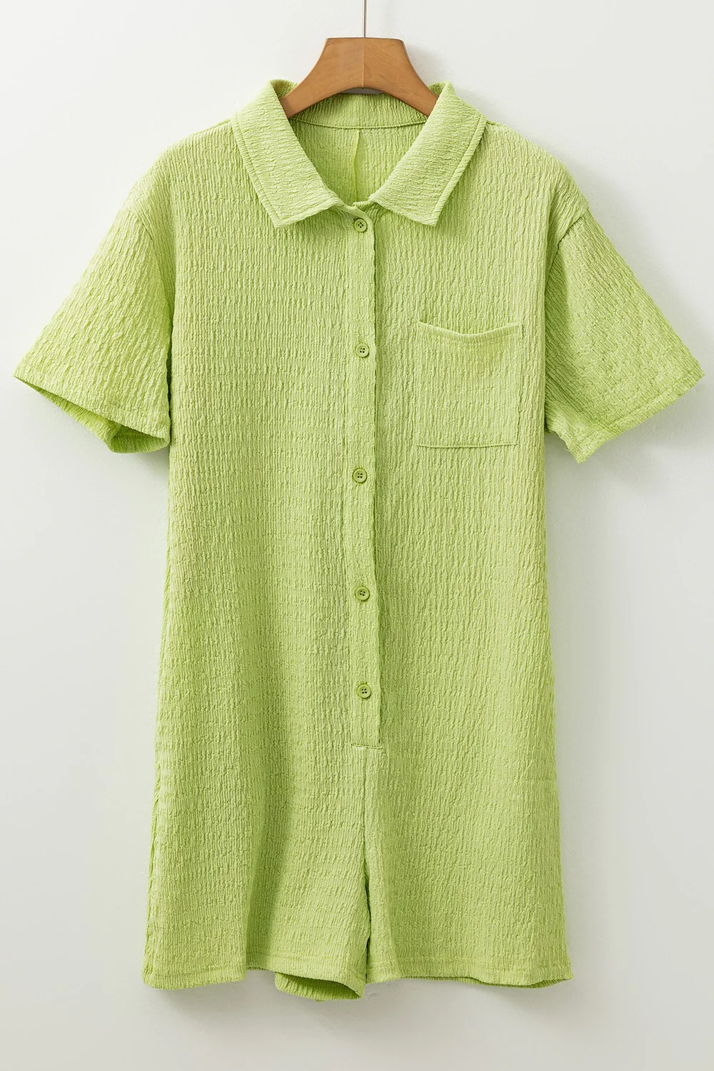 Textured Short Sleeve Patched Pocket Buttoned Romper - Image 4