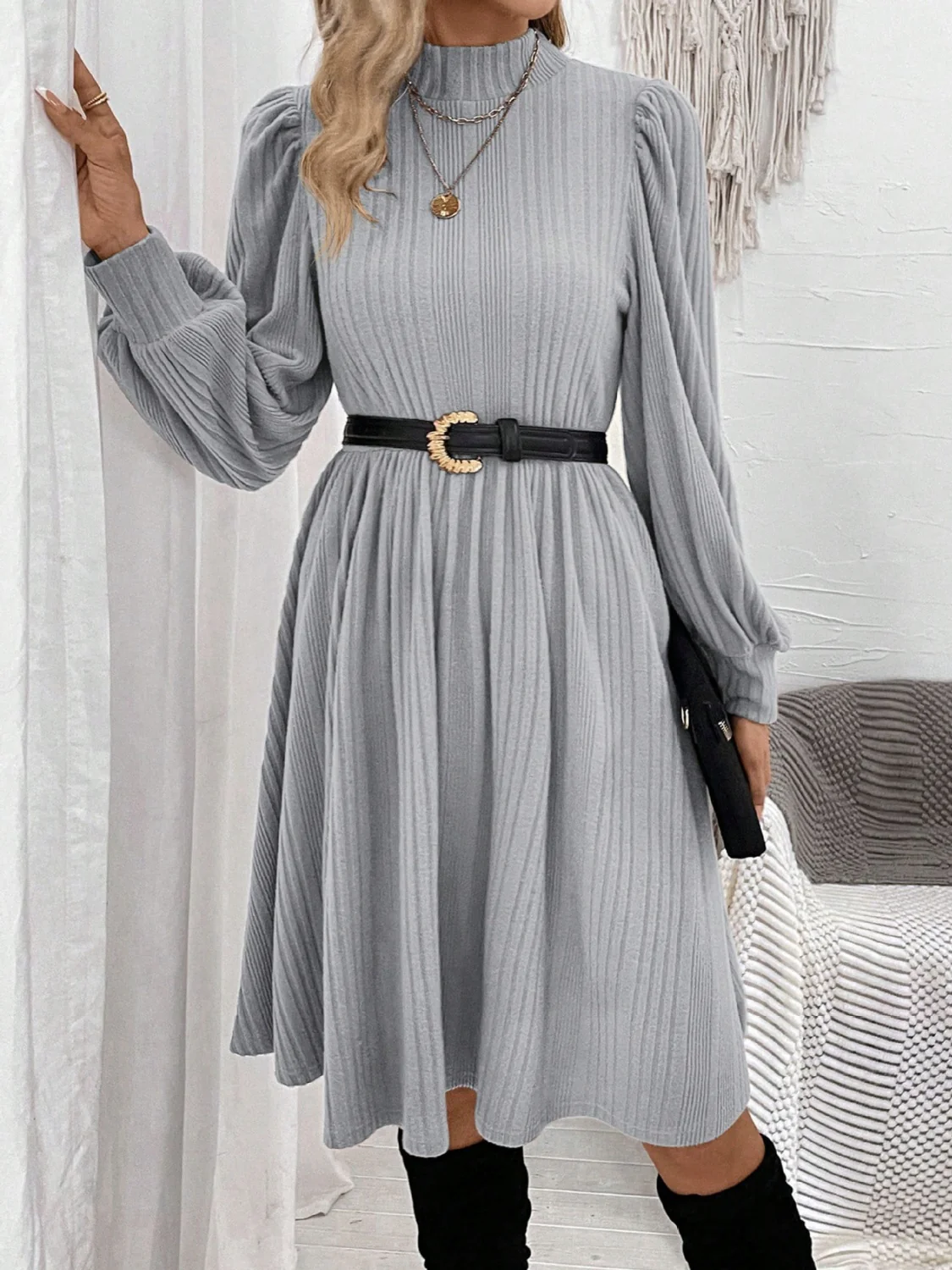 Textured Turtleneck Long Sleeve Dress - Image 3