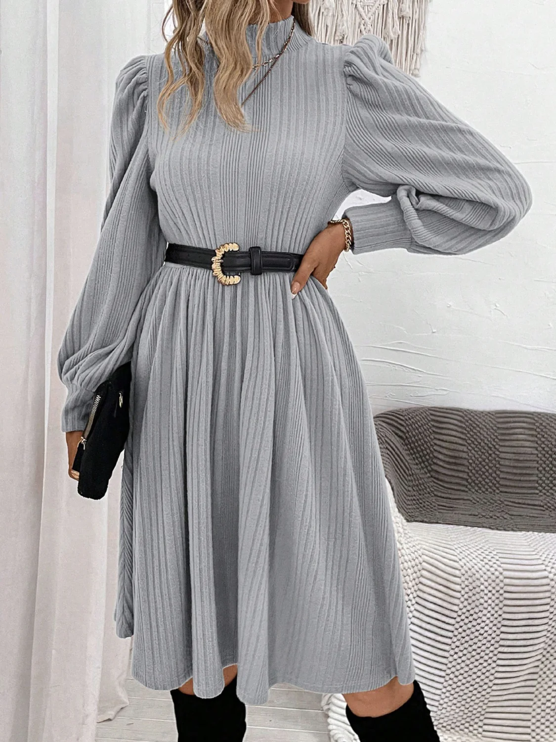Textured Turtleneck Long Sleeve Dress - Image 5