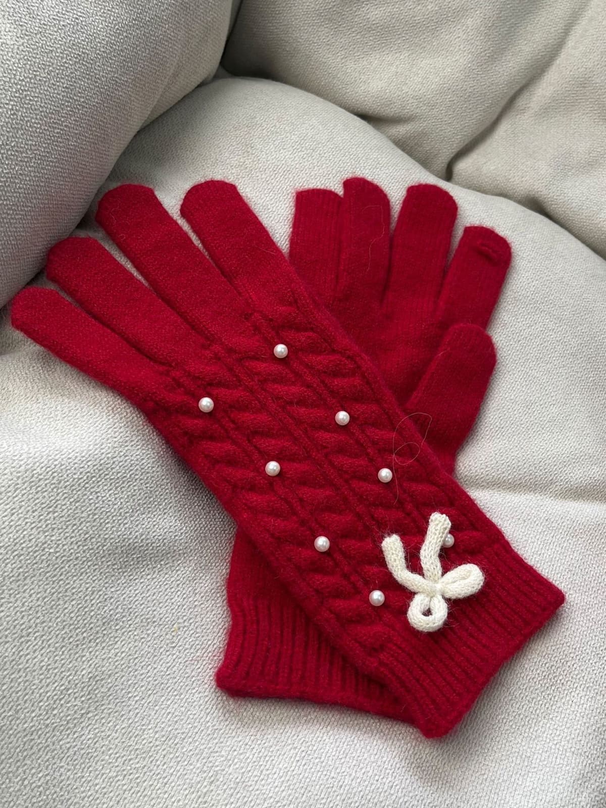 Thermal Pearl Detail Bow Five-Finger Gloves - Image 10