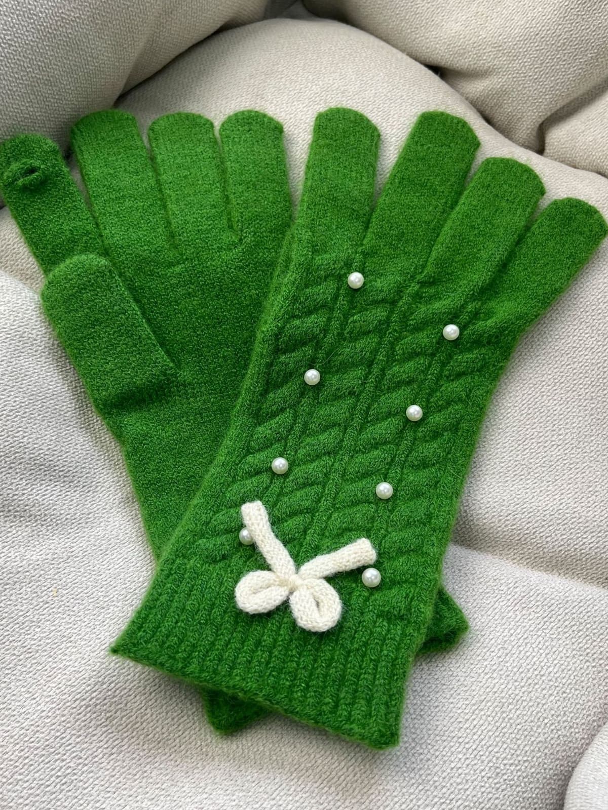 Thermal Pearl Detail Bow Five-Finger Gloves - Image 6