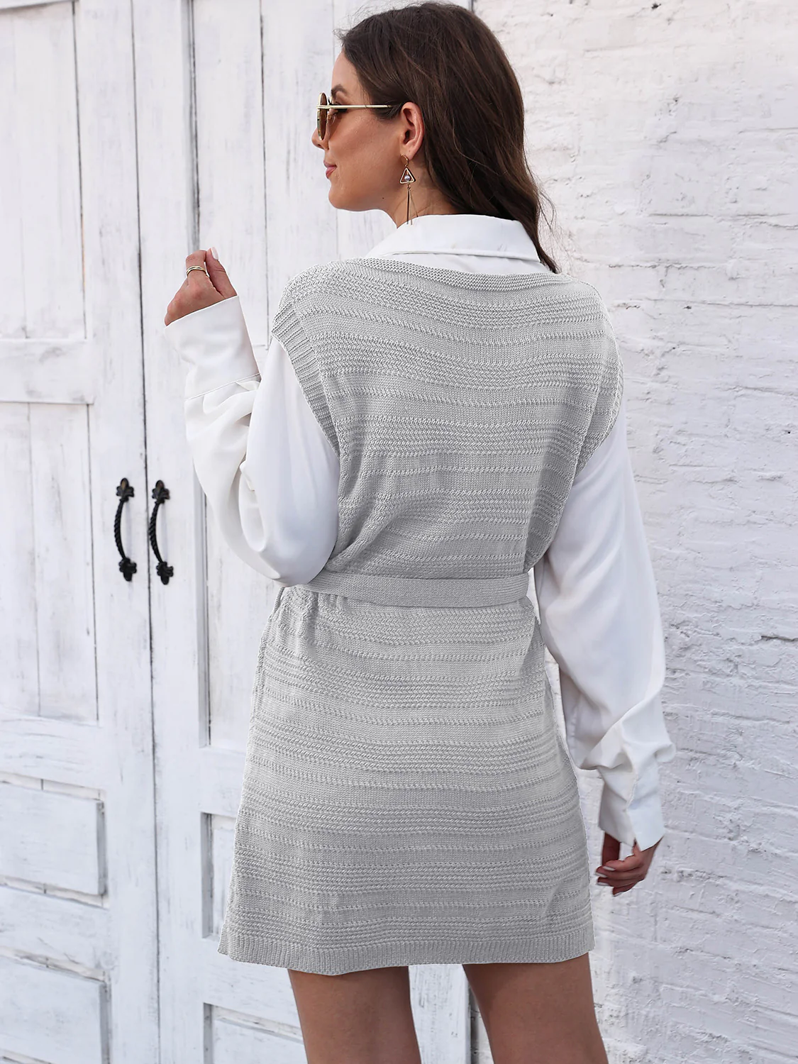 Tie Front V-Neck Sleeveless Slit Sweater Dress - Image 10
