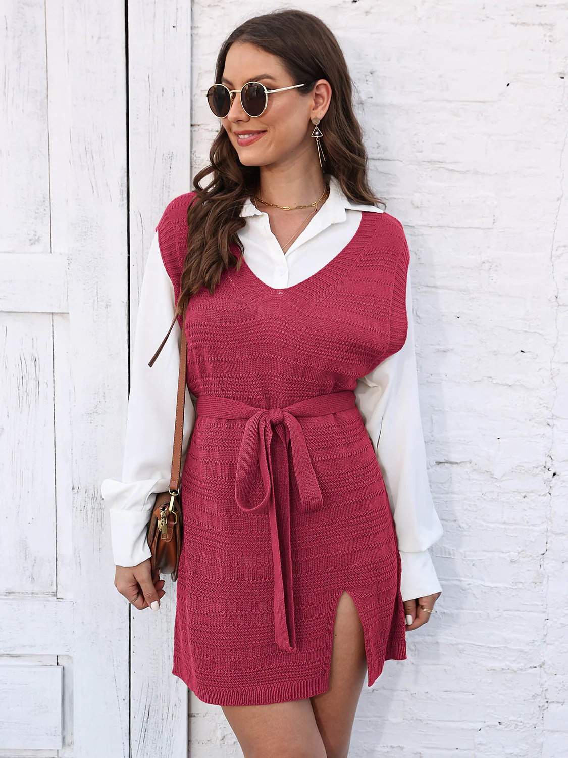 Tie Front V-Neck Sleeveless Slit Sweater Dress - Image 17